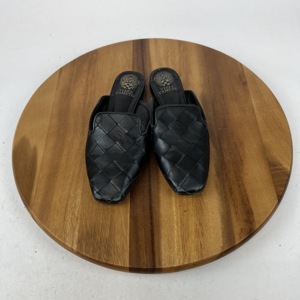 Womens Vince Camuto Bindi Black Leather Woven Casual Slides Mules Size 7 M GUC